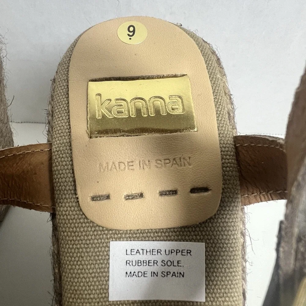 KANNA Women Brown Leather T-Strap Espadrille Wedge Sandals KV1519 Size 9 EU 39